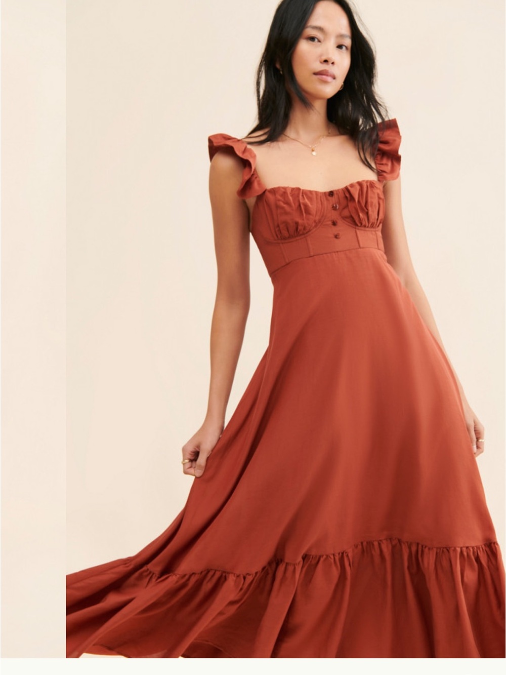 FARM Rio Rust Ruffle-Shoulder Maxi Dress